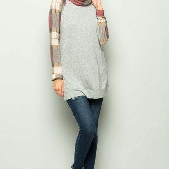 Cowl neck plaid/grey block color long sleeve top - Picture 5 of 7